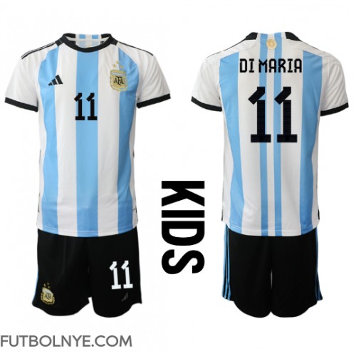 Camiseta Argentina Angel Di Maria #11 Primera Equipación para niños Mundial 2022 manga corta (+ pantalones cortos)